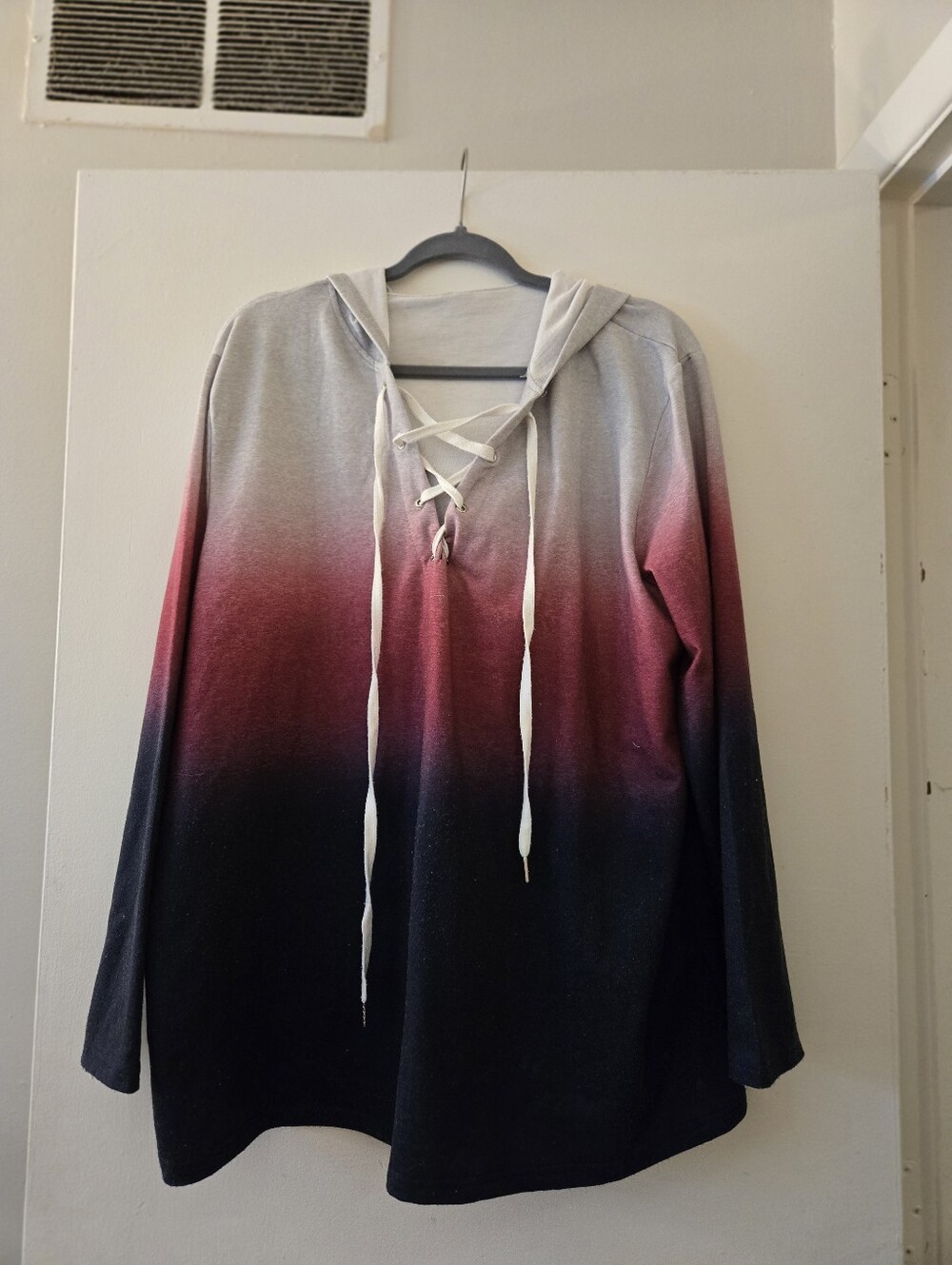 Ombre Lace-Up Hoodie Top - Gray to Pink to Navy